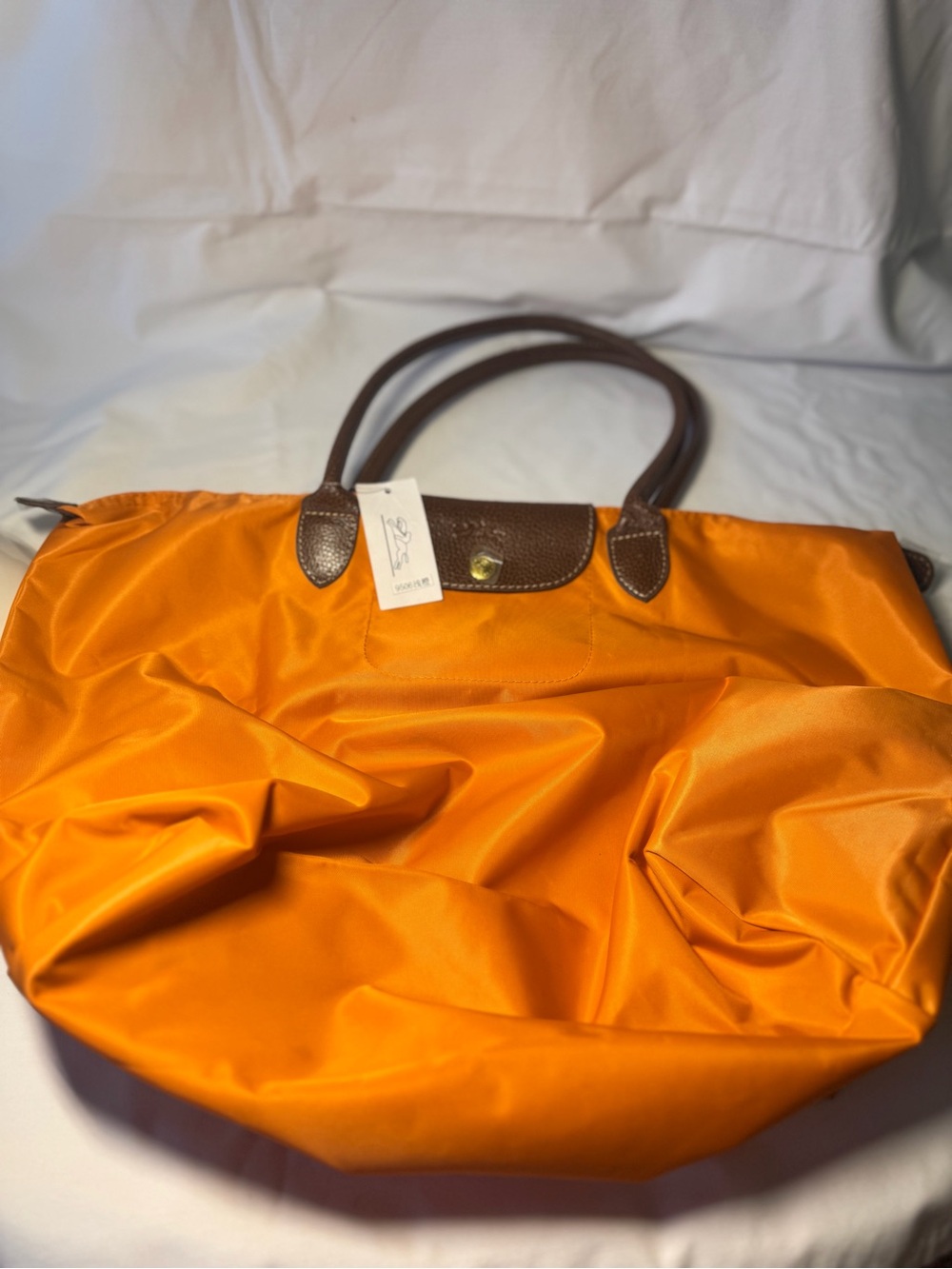 Longchamp Orange Nylon Tote with Brown Leather Trim